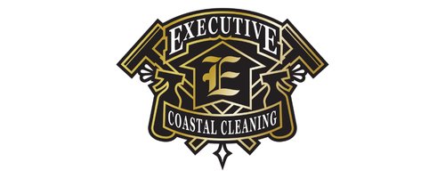 Logo for "Executive Coastal Cleaning" featuring gold and black text with a stylized letter "E" in the center, flanked by two spray bottles and decorative elements around the border.