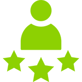 Green icon of a person above three green stars, representing a user rating, review, or customer feedback.